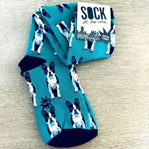 Boston Terrier Dog Sock it to Me Knee High Teal Adult Fun Socks - Picture 1 of 2